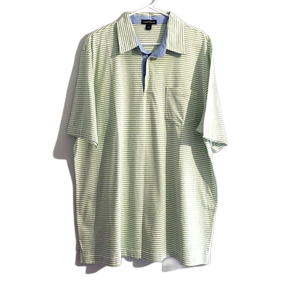 Lands End Cotton Linen Blend Short Sleeve Polo Shirt Pastel Green Stripe Size XL